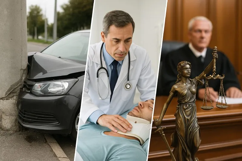 Montagem realista com carro batido em poste, atendimento médico de vítima e símbolo da justiça representando danos materiais, corporais e morais do RCV