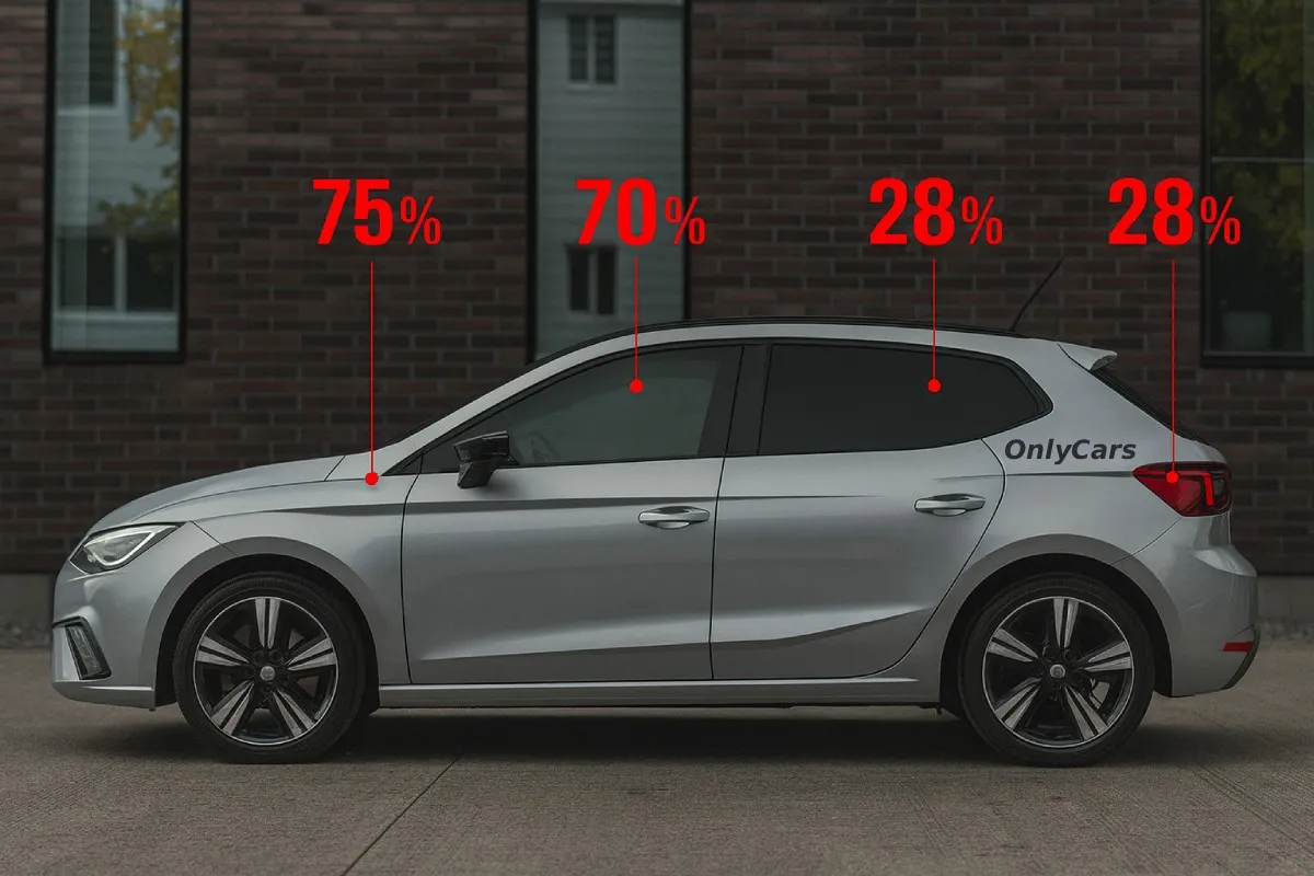 Infográfico com áreas do carro e os limites de transparência do insulfilm 2025