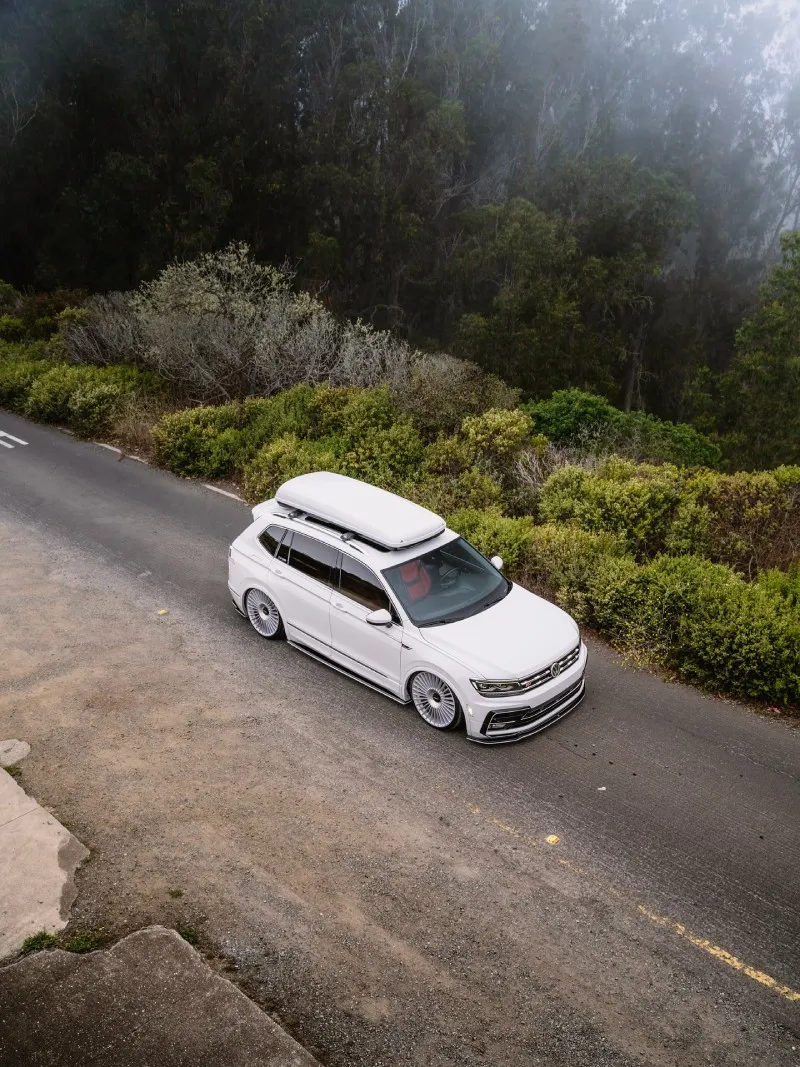 VW Tiguan R-Line rebaixada branca em perspectiva alta com vegetação ao fundo