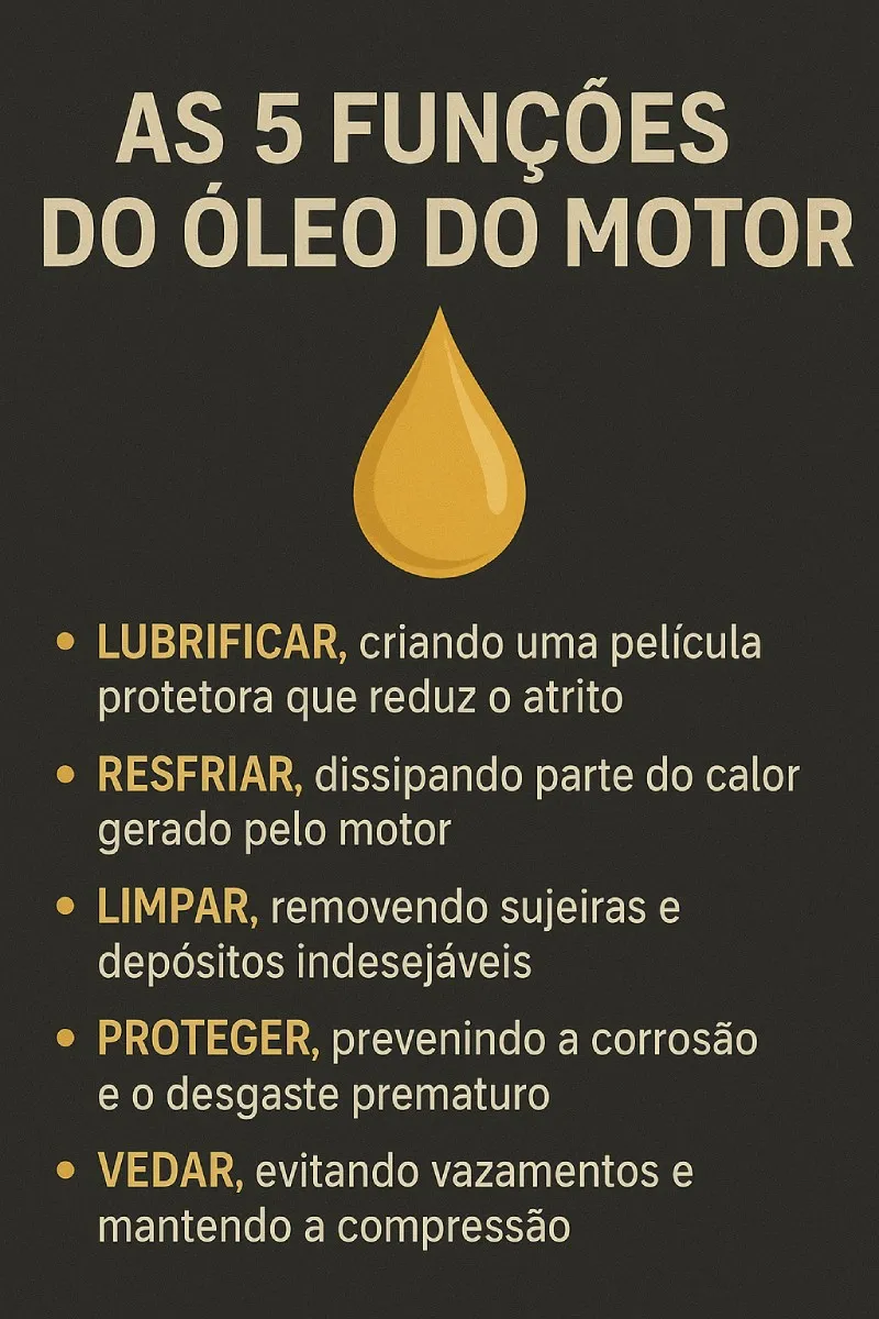 As 5 funções do óleo do motor (infográfico) Infográfico: as 5 funções do óleo do motor — lubrificar, resfriar, limpar, proteger e vedar