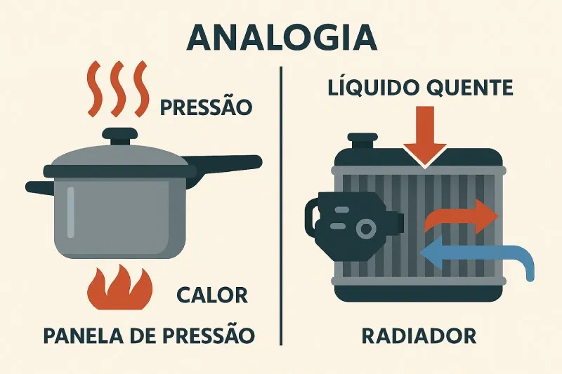 Diagrama comparando panela de pressão soltando vapor e reservatório do radiador liberando pressão