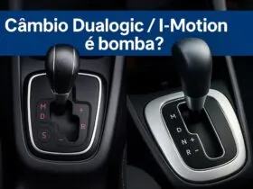Alavancas dos câmbios Dualogic (Fiat) e I-Motion (VW) lado a lado no console central, vistas de cima.