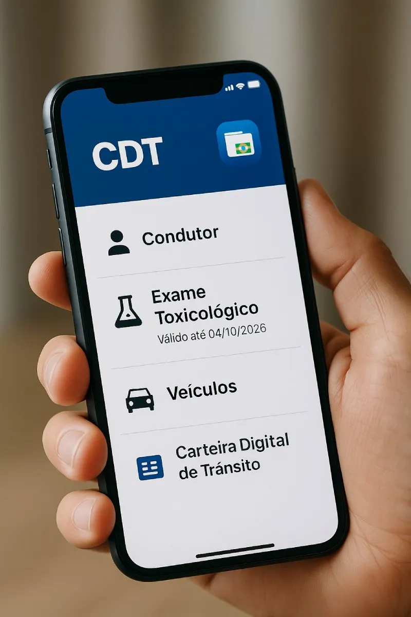 Como conferir o toxicológico no app CDT Tela do aplicativo Carteira Digital de Trânsito mostrando a área do exame toxicológico