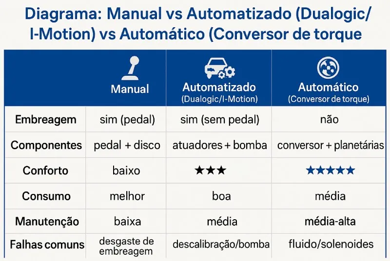 Manual x Automatizado x Automático Diagrama comparando câmbio manual, automatizado com atuadores e automático com conversor de torque