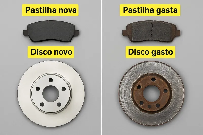 Diagnóstico visual: pastilha nova x gasta e disco novo x sulcado Comparativo visual: pastilha de freio nova versus gasta e disco novo versus disco com sulcos