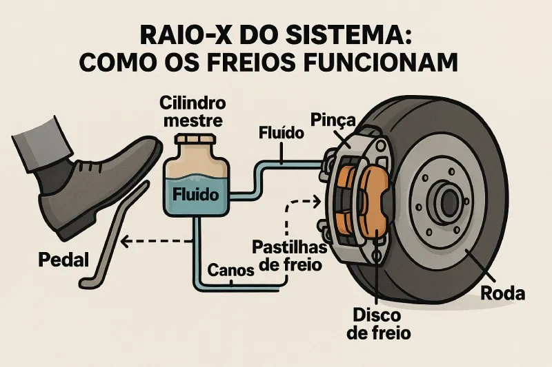 Raio-X do sistema de freio a disco Diagrama do sistema de freio a disco com pedal, cilindro mestre, fluido, pinça, pastilhas e disco