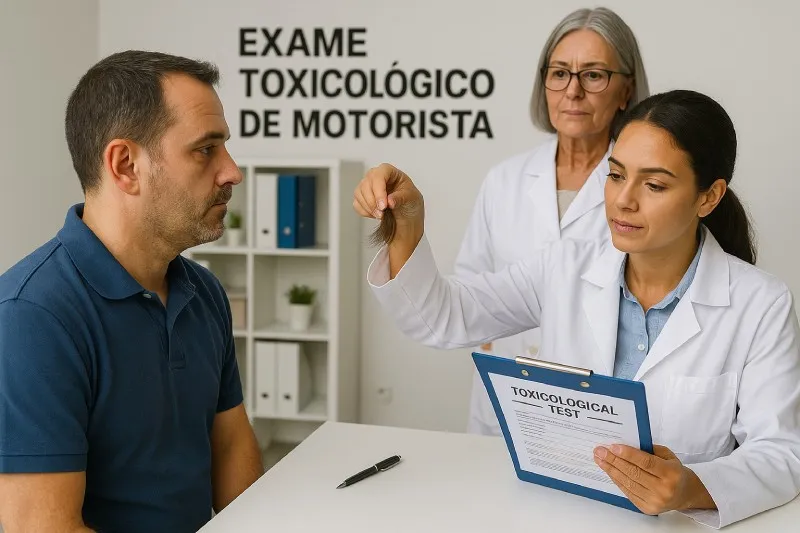 Coleta em laboratório credenciado para exame toxicológico Atendimento em laboratório credenciado coletando amostra para exame toxicológico de motorista profissional