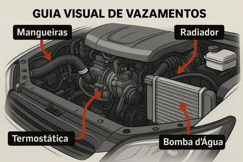 Foto do cofre do motor com setas indicando mangueiras, radiador, válvula termostática e bomba d’água