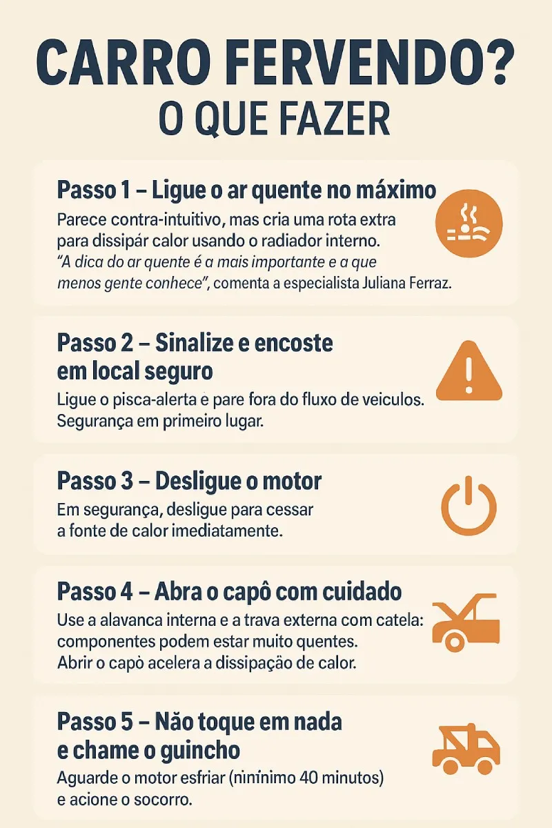 Infográfico: ar quente ligado, encostar em segurança, desligar motor, abrir capô com cuidado e chamar guincho