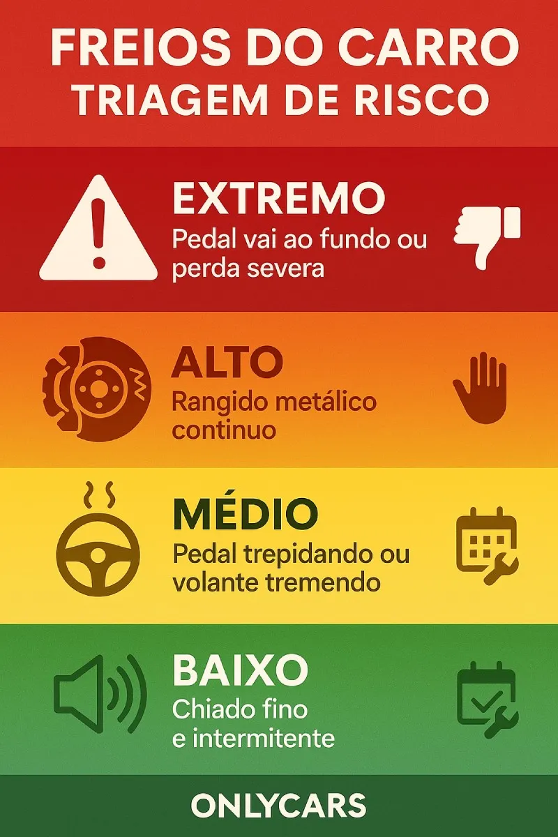Triagem de freios: níveis de risco e ações imediatas Infográfico de triagem dos freios: risco extremo, alto, médio e baixo com ações recomendadas
