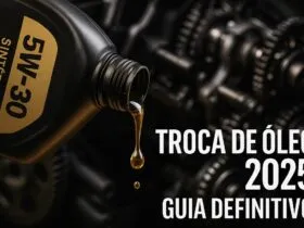 Capa do guia definitivo de troca de óleo 2025 mostrando frasco 5W-30 sintético com motor ao fundo