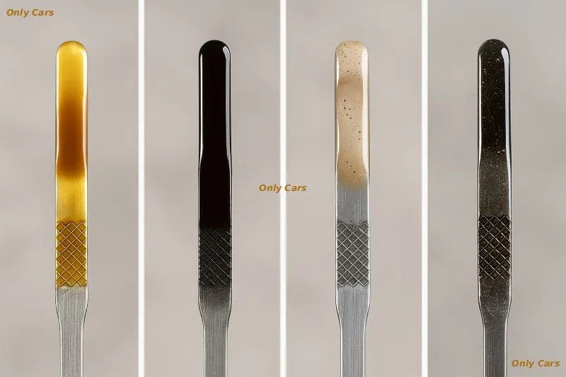 Guia visual da vareta de óleo — cores e alertas Comparativo na vareta: óleo âmbar novo, preto normal, café com leite por água e brilho metálico por desgaste