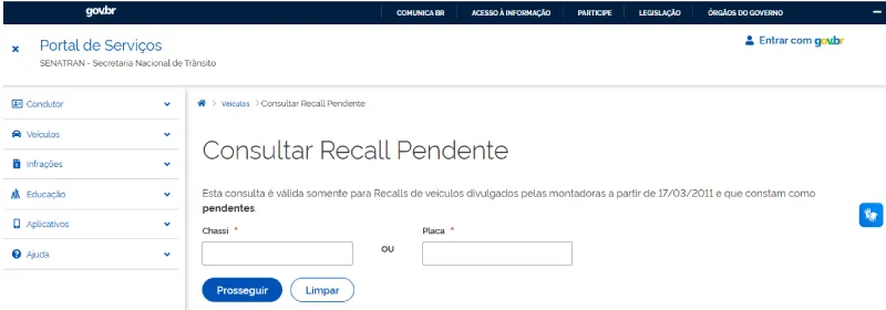 Como consultar recall no Portal Senatran (gov.br) Tela oficial do Portal Senatran mostrando a consulta de recall por chassi ou placa
