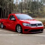 VW Saveiro G7 vermelha rebaixada com rodas Volcano R-Seven 18