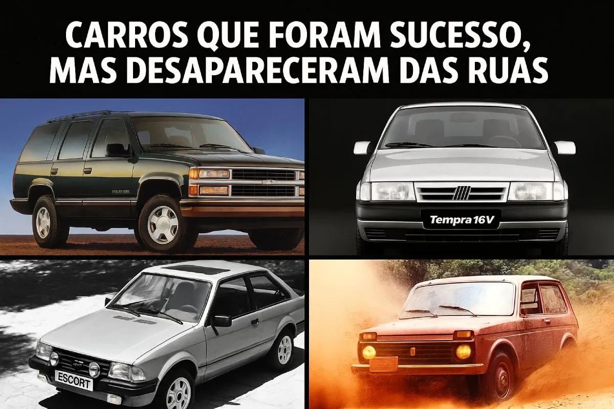Carros que foram sucesso mas desapareceram das ruas – montagem com Fiat Tempra, Chevrolet Grand Blazer, Ford Escort XR3 e Lada Niva
