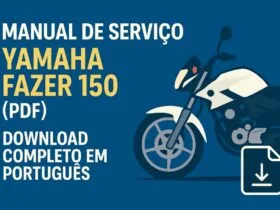 Capa azul com ilustração da Yamaha Fazer 150 e texto manual de serviço Yamaha Fazer 150 em PDF para download completo em português