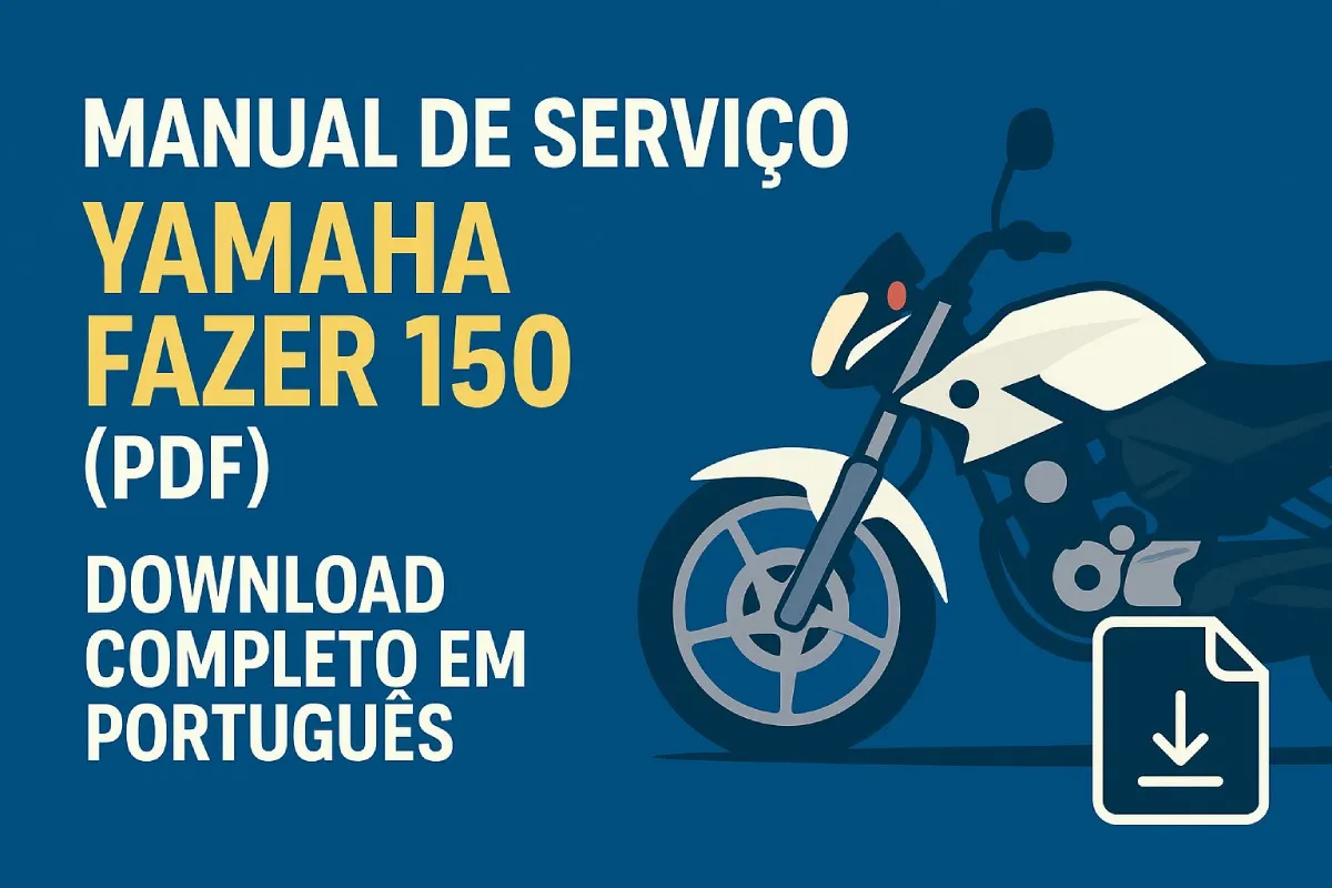 Capa azul com ilustração da Yamaha Fazer 150 e texto manual de serviço Yamaha Fazer 150 em PDF para download completo em português