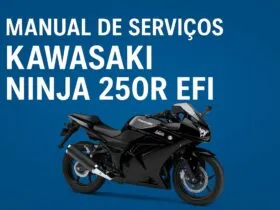 Capa azul com a Kawasaki Ninja 250R EFI em destaque e o texto manual de serviços em PDF para download completo em português