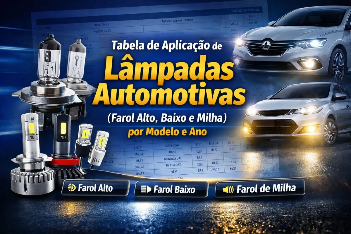 Tabela de Aplicação de Lâmpadas Automotivas (Farol Alto, Baixo e Milha)