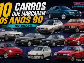 Montagem com carros que marcaram os anos 90 no Brasil, incluindo Gol GTi, Uno Mille, Omega, Santana, Escort XR3, Kadett GSi, Corsa, Ford Ka, Twingo e Tempra Turbo