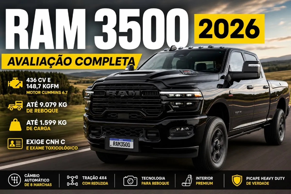 Ram 3500 2026 preta em avaliação, picape Heavy Duty com motor Cummins