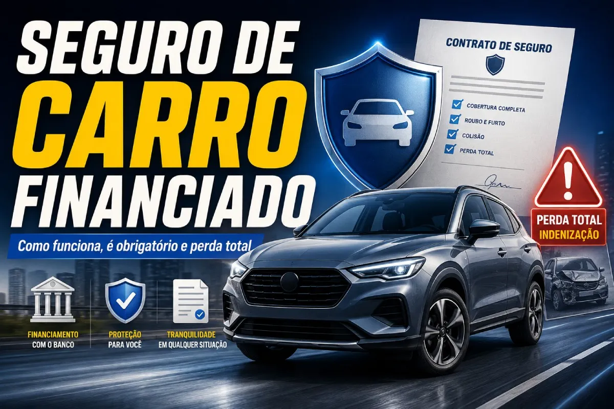 Seguro de carro financiado com veículo moderno, contrato de financiamento, escudo de proteção e alerta de perda total