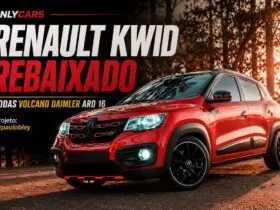 Renault Kwid rebaixado vermelho com rodas Volcano Daimler aro 16