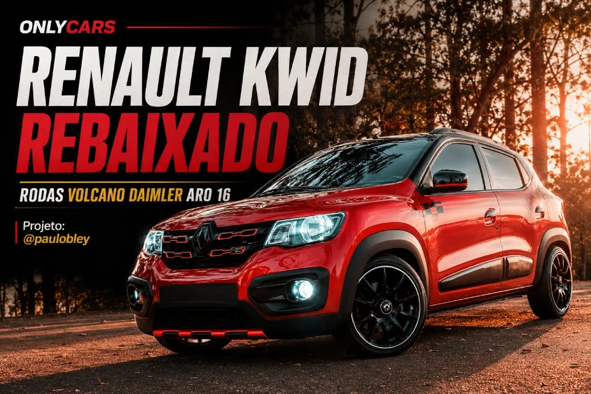 Renault Kwid rebaixado vermelho com rodas Volcano Daimler aro 16