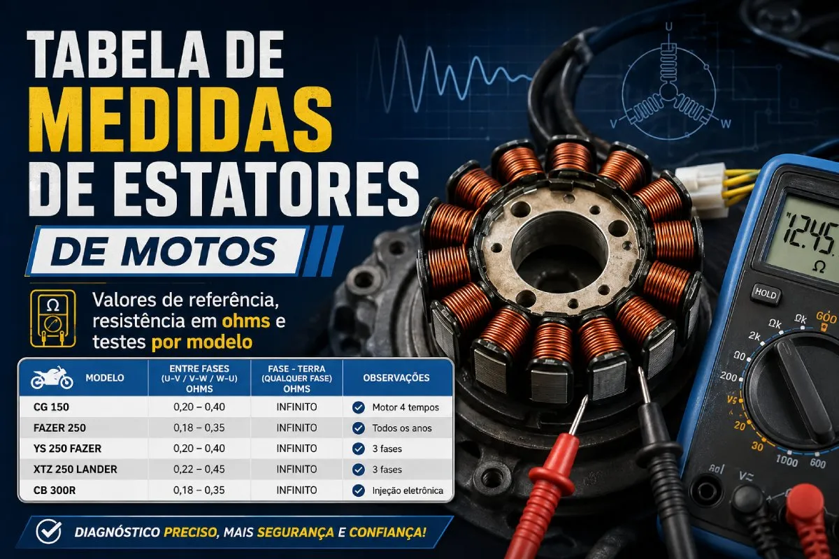 Tabela de medidas de estatores de motos com valores em ohms para teste com multímetro