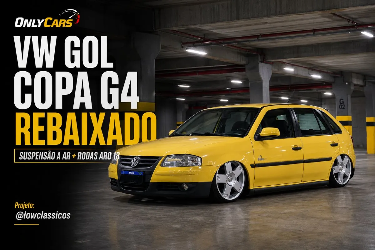 VW Gol Copa G4 rebaixado amarelo com suspensão a ar e rodas aro 18
