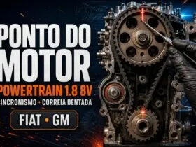 Ponto e sincronismo do motor Powertrain 1.8 8V Fiat e GM com correia dentada e marcas de alinhamento