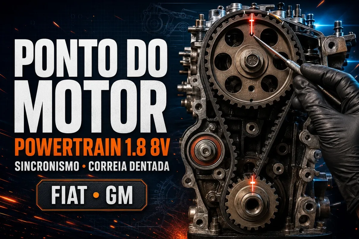 Ponto e sincronismo do motor Powertrain 1.8 8V Fiat e GM com correia dentada e marcas de alinhamento