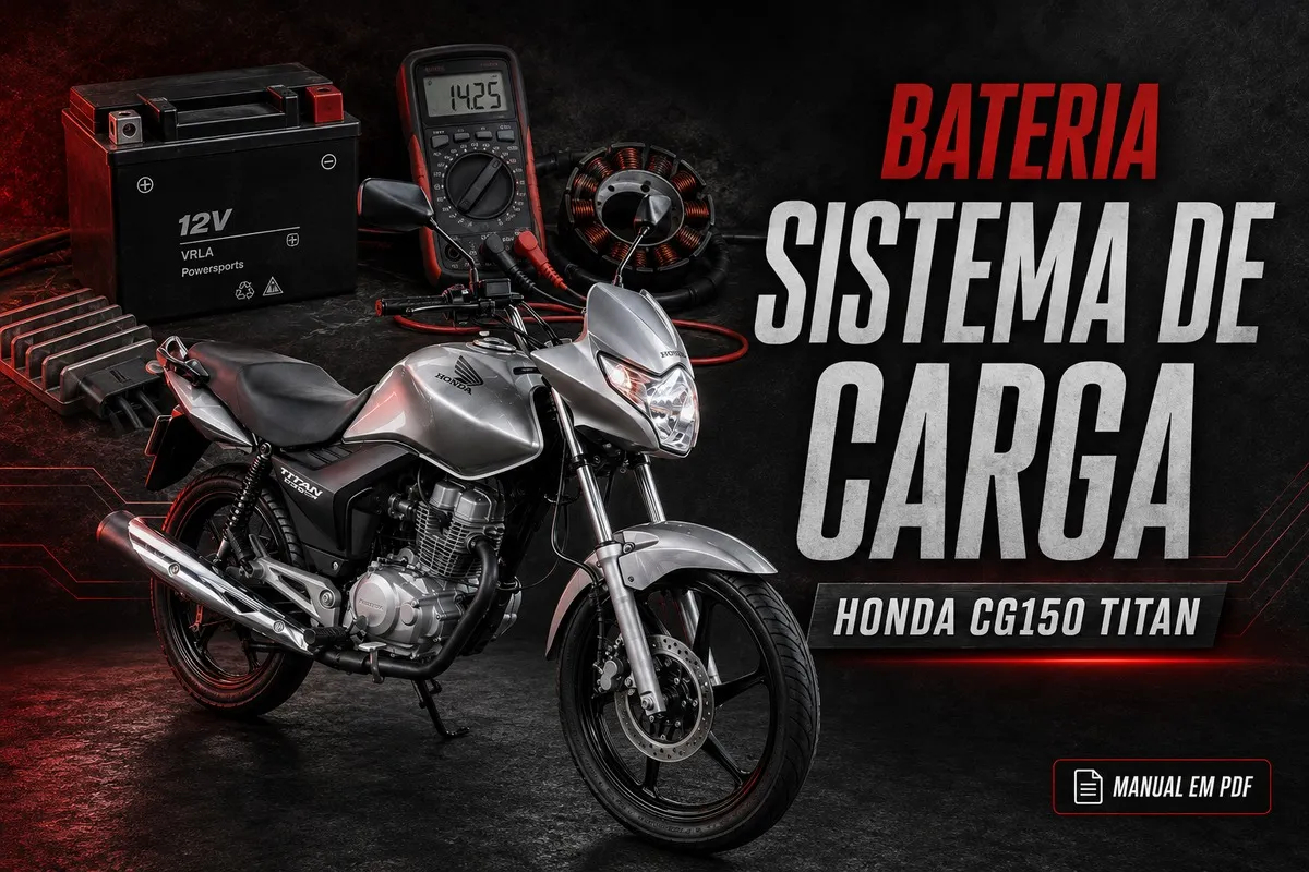 Bateria e sistema de carga da Honda CG150 Titan com multímetro, estator e regulador