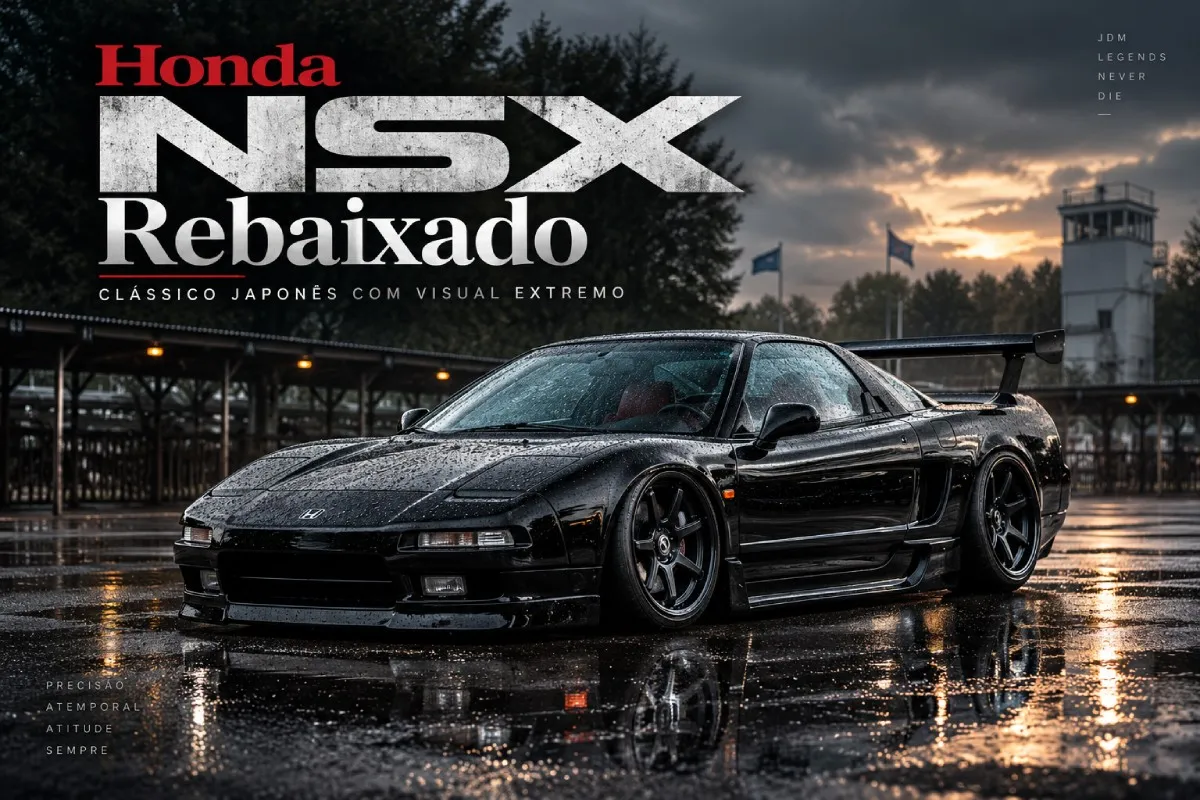 Honda NSX rebaixado preto com rodas esportivas e aerofólio traseiro