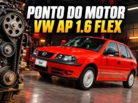 Volkswagen Gol vermelho ao lado da correia dentada do motor VW AP 1.6 Total Flex 8V